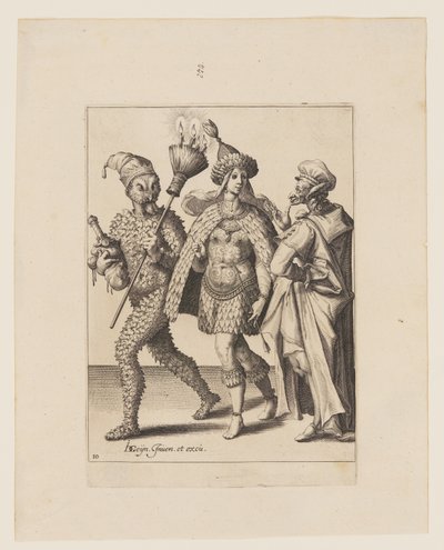 En gammel mumie henvender sig til et par klædt i blade og fuglefjer, fra Maskeraderne af Jacques de Gheyn II