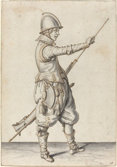 Elegant klædt soldat, der tæmmer sit æg af Jacques de Gheyn II
