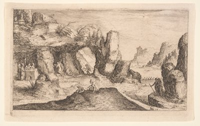 Landskab med grotte og eremitter, fra Landskaber af Jacques de Gheyn II