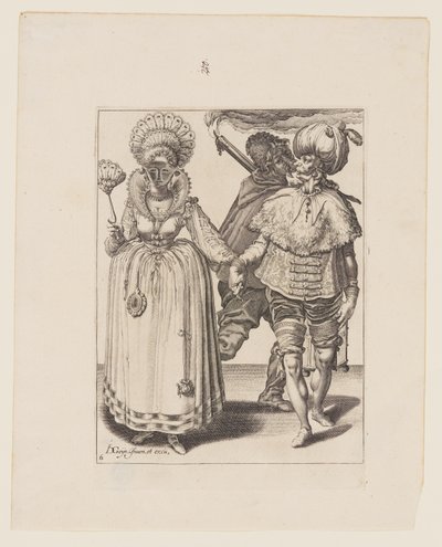 Mand med turban fører en kvinde med påfuglefjer, bag dem en fakkelbærer, fra Maskeraderne af Jacques de Gheyn II
