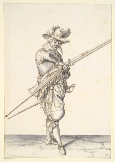 Soldat forbereder sig på at affyre en musket af Jacques de Gheyn II