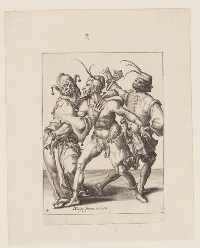 Tre dansende mumier inklusive en gøgler, fra Maskeraderne af Jacques de Gheyn II
