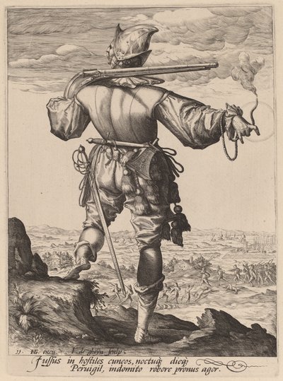 Musketer med hjelm af Jacques de Gheyn II after Hendrik Goltzius