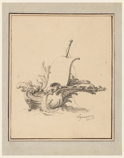 Tegning, design til et våbenskjold i form af en båd med sejl, til Recueil Nouveau de Differens Cartouches, 1734 af Jacques de Lajoüe