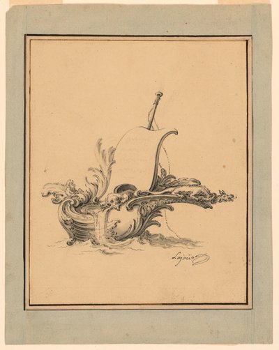Tegning, design til et våbenskjold i form af en båd med sejl, til Recueil Nouveau de Differens Cartouches, 1734 af Jacques de Lajoüe