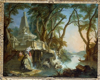 Landskab komponerer eller "" floden"" Pyramideformet springvand med statue af Neptun knust. Maleri af Jacques de Lajoue (1686-1761) 1700-tallet søn. 0,81 x 1,01 m af Jacques de Lajoüe