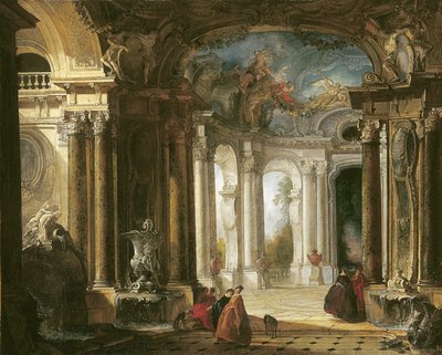 Interiøret af et barokpalads med elegant selskab, der taler ved springvand af Jacques de Lajoüe