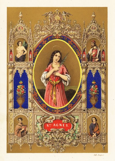 Portræt af den hellige Agnes af Rom, jomfru martyr, med glorie og palmeblade inden for dekorativ kant af Jacquet Jacquet