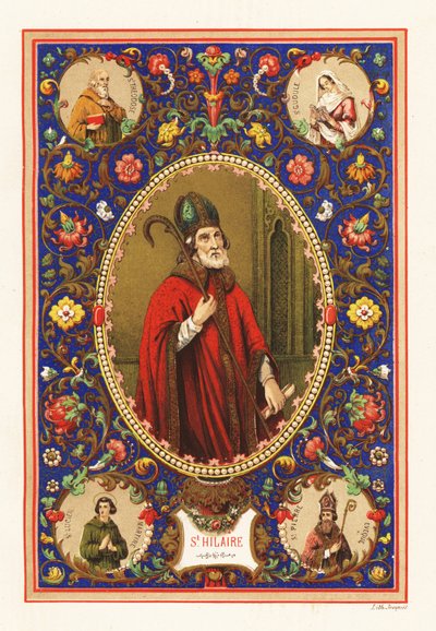 Portræt af Saint Hilary, biskop af Poitiers, med gering og krog, inden for en dekorativ kant af løv af Jacquet Jacquet