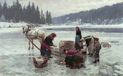 Kvinder vasker tøj gennem et hul i isen af Jahn Ekenaes