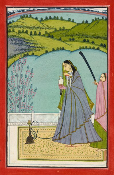 En dame på en terrasse med vandpibe og falk, ca. 1760 (ugennemsigtig akvarel og guld på papir) af Jaimal Har