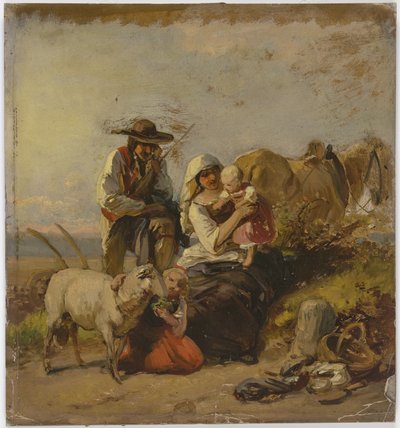 En bondfamilie med en hest og en ged på marken af Jakob Becker
