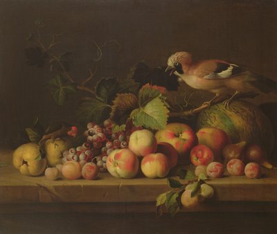 Stilleben med frugt, en Jay og en papegøje af Jakob Bogdani or Bogdany