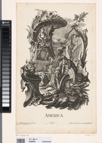 Rocaille med personificeringen af ​​det amerikanske kontinent Amerika (titel på objekt) De fire kontinenter (serietitel) af Jakob Gottlieb Thelott