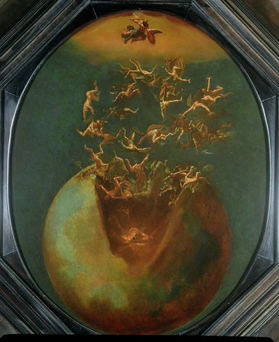 Satans og de oprørske engles fald fra himlen (olie på forsølvet kobber) af Jakob Isaaksz Swanenburgh