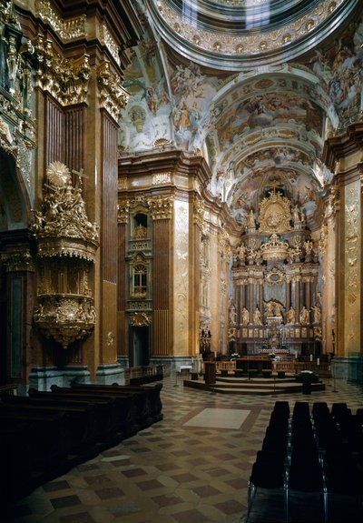 Indvendig udsigt af Benediktinerkirken i Melk designet af arkitekt Jakob Prandtauer (1660-1726), fresker af Johann Michael Rottmayr (1656-1730). Melk, Østrig af Jakob Prandtauer