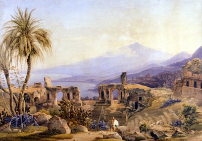Taormina på Sicilien: ruinerne og Etna. Maleri af Jacob Suter, omkring 1850. af Jakob Suter
