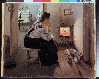 ""Tanker ved komfuret"" (Tanker ved komfuret) En ung kvinde sidder eftertænksomt foran bålet. Maleri af Jakov Kalinichenko (1869-1938) 1897 State Regional I. Pozhalostin Art Museum, Ryasan af Jakoff Jakovlevitch Kalinitchenko