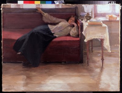 ""Drømme"" eftertænksom ung pige liggende på en sofa. Maleri af Jakov Kalinichenko (1869-1938) 1904 State Regional I. Pozhalostin Art Museum, Ryasan af Jakoff Jakovlevitch Kalinitchenko
