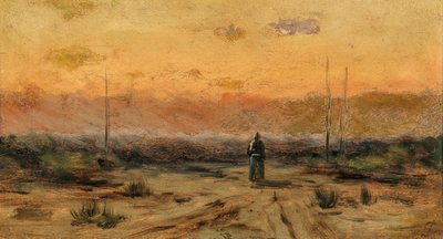 Kvinde på kysten ved solopgang. af Jakub Schikaneder