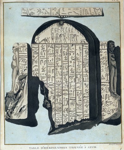 Tabel over hieroglyffer fundet i Axoum (Aksoum) - i "" Rejse i Nubien og Abessinien foretaget for at opdage Nilens kilder i årene 1768 til 1772", af James Bruce, bind 1, Paris af James Bruce