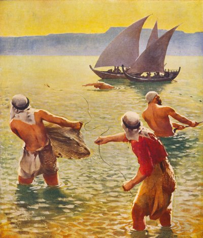 Det hellige land: Fiskeri i Galilæas sø (farvelitografi) af James (after) Clark