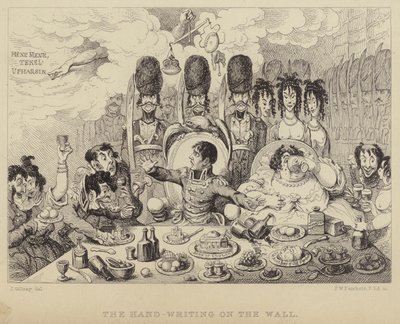 Håndskriften på væggen: parodi på Belshazzars fest, der forestiller Napoleon og hans kone Josephine af James (after) Gillray