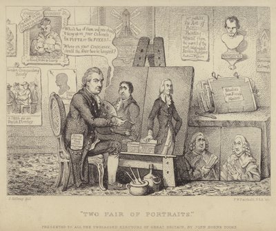 Two Pair of Portraits: anti-Whig tegneserie, der skildrer John Henry Tooke med portrætter af Charles James Fox, der personificerer last og William Pitt den Yngre, der repræsenterer dyd af James (after) Gillray