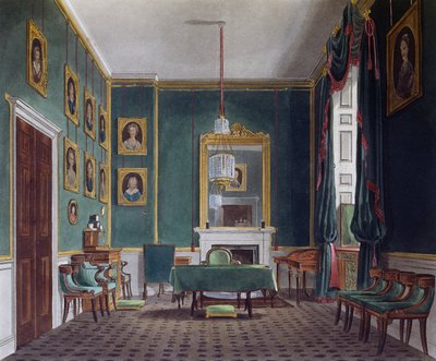 Grønt tilbagetrækningsrum, Indgravering af Daniel Havell (1785-1826), Baseret på design af James Stephanoff (ca. 1788-1874), Fra The History of the Royal Residences af James (after) Stephanoff