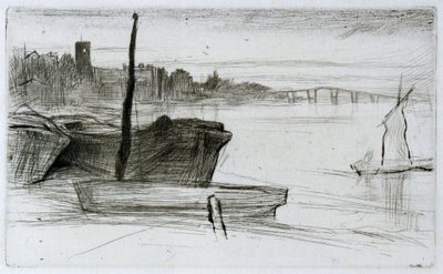 Chelsea Bridge og kirke af James Abbott McNeill Whistler