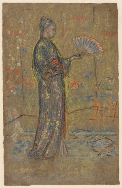 Japansk kvinde maler en vifte recto, stående kvinde holder sin kjole op, ca. 1872. af James Abbott McNeill Whistler