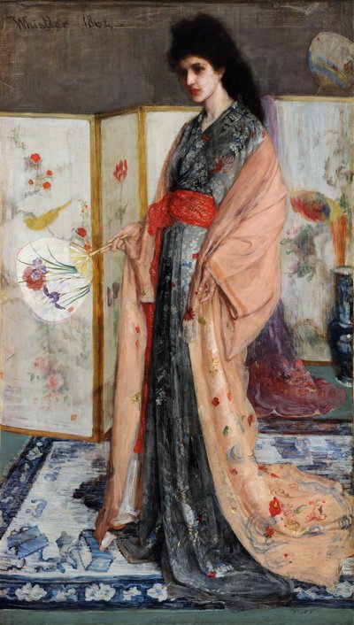 ""Prinsessen af ​​porcelænslandet"" (Rose and Silver: The Princess from the Land of Porcelain) Ung kvinde klædt i japansk stil i en kimono, bag hende en japansk skærm (japonisme) Maleri af James Abbott McNeill Whistler ( 1834- 1903) 1864 Friere af James Abbott McNeill Whistler
