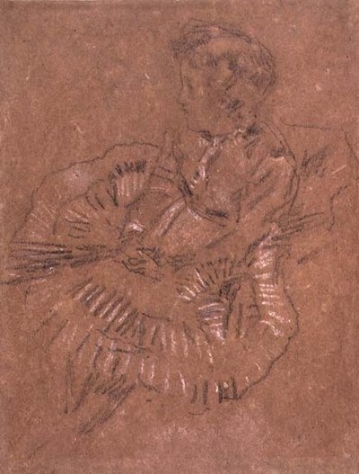 PD.67-1959 En siddende pige i en stor nederdel (A Study of Elinor Leyland) c.1870-80 (sort-hvidt kridt på brunt papir) af James Abbott McNeill Whistler