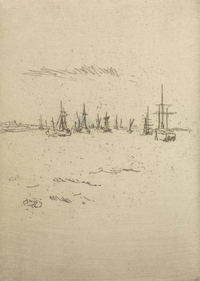 Vend tilbage til Tilbury fra et sæt på tolv raderinger med titlen The Naval Review, 1887 af James Abbott McNeill Whistler