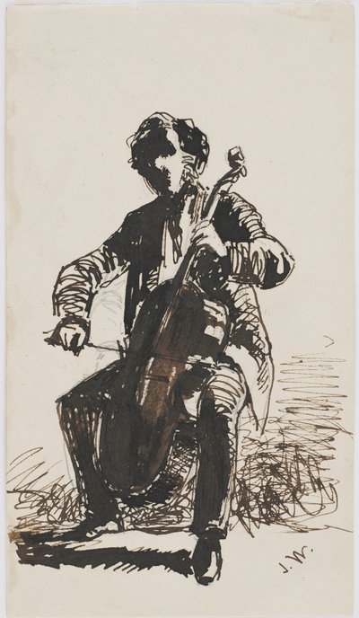 Sir Seymour Haden Playing the Cello, ca. 1855 (blyant, pen og blæk på beige papir) af James Abbott McNeill Whistler