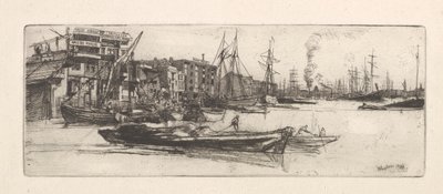 Thames Warehouses, 1859. af James Abbott McNeill Whistler