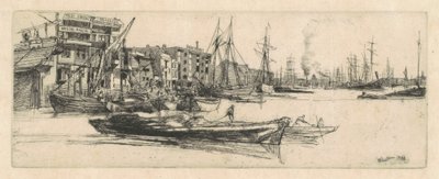 Thames Warehouses, 1859. af James Abbott McNeill Whistler