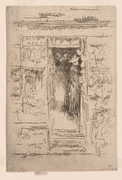 The Bonnet-Shop, ca. 1884-86 (radering; blæk på papir) af James Abbott McNeill Whistler
