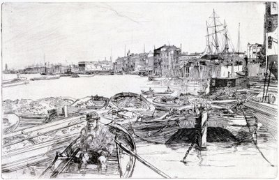 Udsigt over Themsen, over London Basin (England), i 1859, hører til en serie af graveringer om Themsen, som fremhæver samfundet af maritime arbejdere i den engelske hovedstad. af James Abbott McNeill Whistler