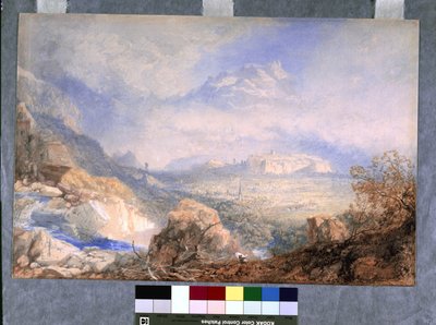 Rhônedalen med byen og citadellet i Sion, i Schweiz (akvarel og gouache på råhvidt papir) af James Baker Pyne