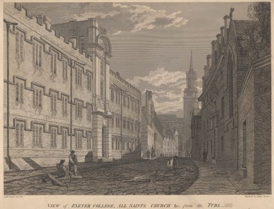 Udsigt over Exeter College, All Saints Church, fra Turl af James Basire