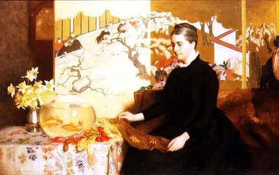 Dame med japansk skærm og guldfisk (portræt af kunstnerens mor) af James Cadenhead