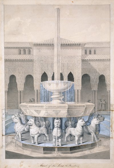 Fountain in the Court of the Lions, Alhambra, fra The Arabian Antiquities of Spain, udgivet 1815 (håndfarvet gravering) af James Cavanagh Murphy