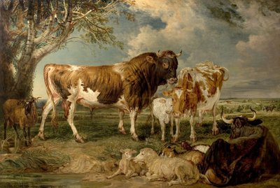 Tyr, ko og kalv i et landskab, 1837 af James Charles Ward