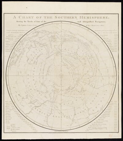 Et kort over den sydlige halvkugle, der viser sporene efter nogle af de mest fremtrædende søfarere, af kaptajn James Cook fra Hans Majestæts flåde. af James Cook