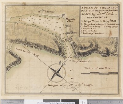 bl.a. En plan for havnen i St Johns i Newfoundland af James Cook
