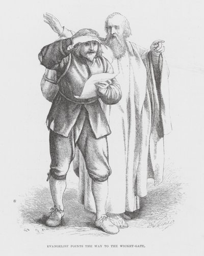 Evangelist viser vej til Wicket-Gate (kobberstik) af James Dawson Watson