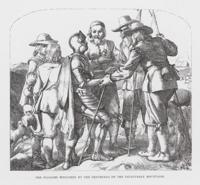 Pilgrimmene bydes velkommen af hyrderne på de dejlige bjerge (kobberstik) af James Dawson Watson