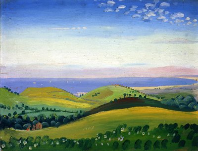 Udsigt fra White Hart, Guestling, Sussex, ca. 1911-12 (olie på panel) af James Dickson Innes