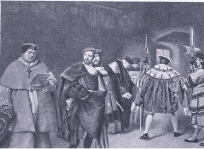 Afskedigelse af kardinal Wolsey af kong Henry VIII, fra Cassells History of the British People udgivet af Waverley Book Company, ca. 1950
